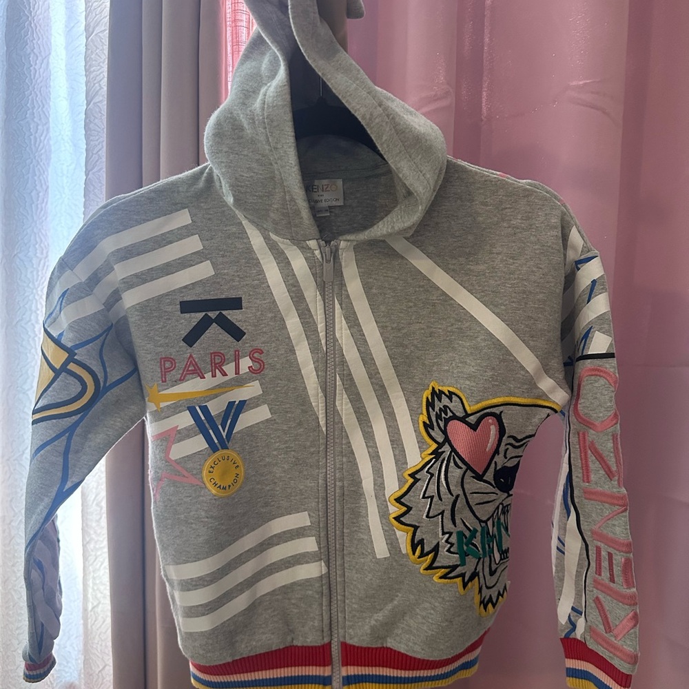 Kenzo Gray Zip-Up with Colorful Embroidery
